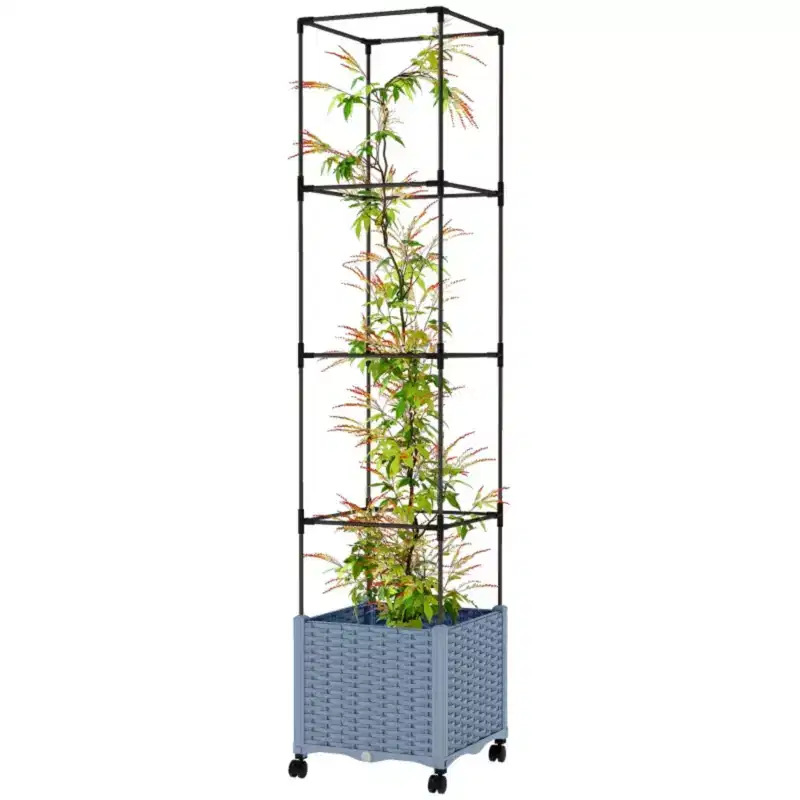 NAYSAYE Mobile Raised Garden Planter with Adjustable Trellis Plant Cage for Plants Flowers Vegetables and Climbing Plants, Gray, 15.7*15.7*71.7