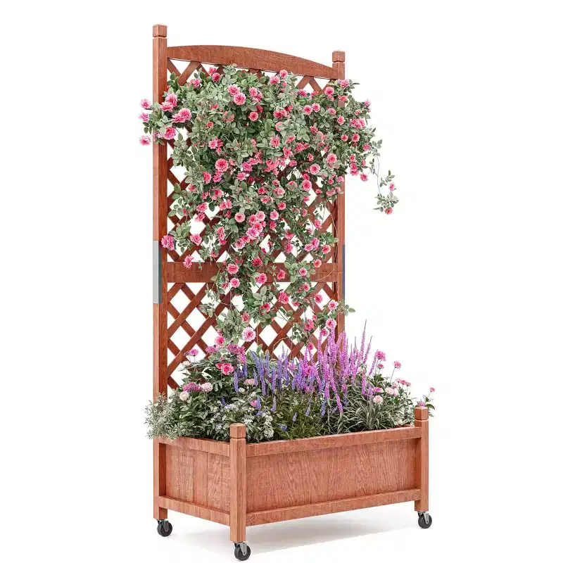 Tall Raised Garden Bed with Trellis & Wheels, Elevated Planter Box with Climbing Trellis, 4 Drainage Holes, Planter Container for Vine Climbing Plants