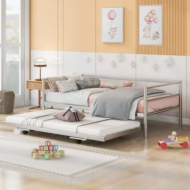Black / Silver Twin Size Metal Daybed with Pop-Up Adjustable Trundle, Seats 2