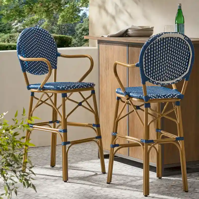 Outdoor Wicker and Aluminum Barstools, Set of 2