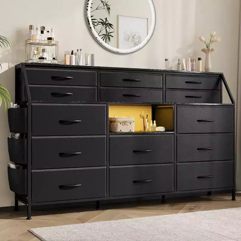 Black/White Dresser for Bedroom, 55 Wide Modern Dresser TV Stand with 14 Fabric Drawers, Large Clothing Storage Cabinet, Drawers Organizer