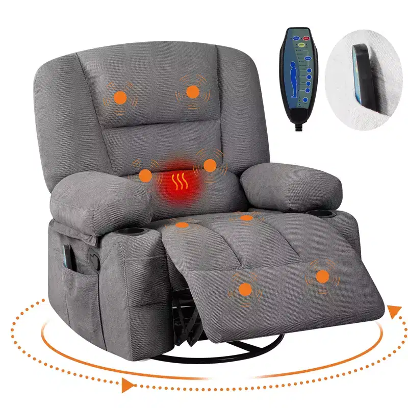 Power Recliner Chair with Massage and Heat, 360 Swivel Rocker, Overstuffed Wide Seat, Cup Holders & Storage for Living Room