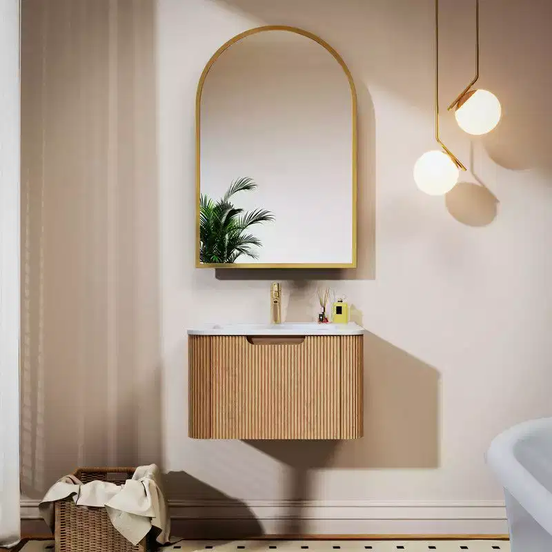 PexFix 24 Wall-Mounted Floating Bathroom Vanity with Cabinet Mirror Modern Curved Edge Storage Bathroom Cabinet in Walnut with Ceramic Basin