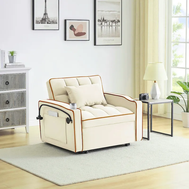 foldable sofa bed , modern sofa sofa velvet pull-out bed, adjustable back and with USB port and ashtray and swivel phone stand