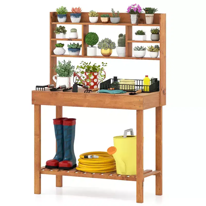 Costway Potting Bench Table with Flip-up Tabletop, Storage Shelves for Patio Porch Balcony Brown/Natural