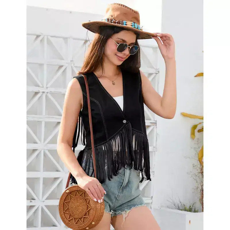 Coolmee Women's Casual Vests Denim Style Vacation Simple Vests Single Button Front Contrast Color Stitching Short Tassel Summer Vests S Black
