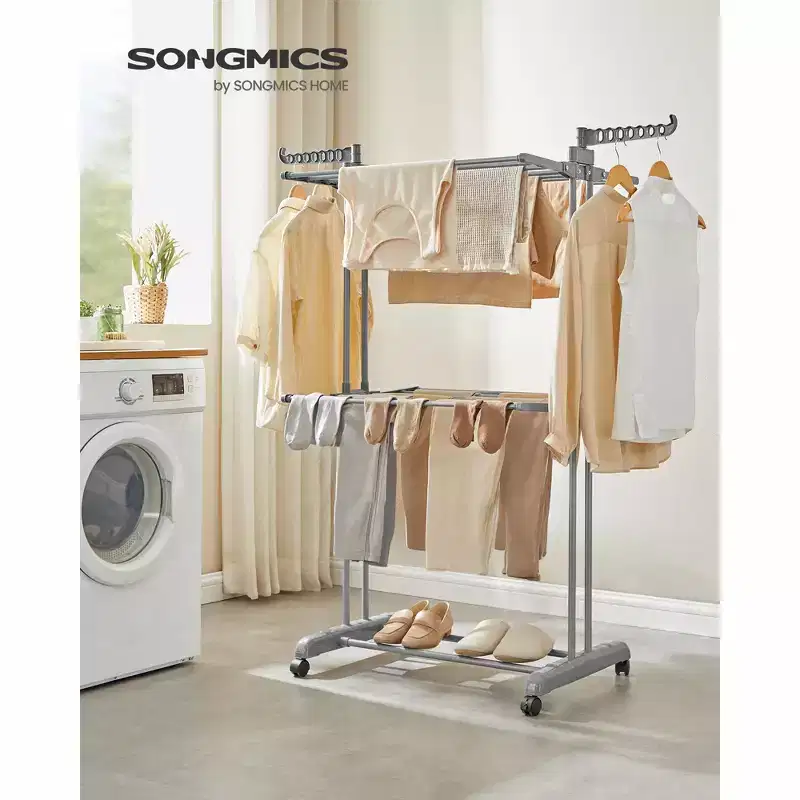 3-Tier Foldable Laundry Drying Rack, 58.3-Inch Tall with Wheels, 55lb Capacity, Rolling Clothes Horses, Indoor Outdoor Use, Dove Gray