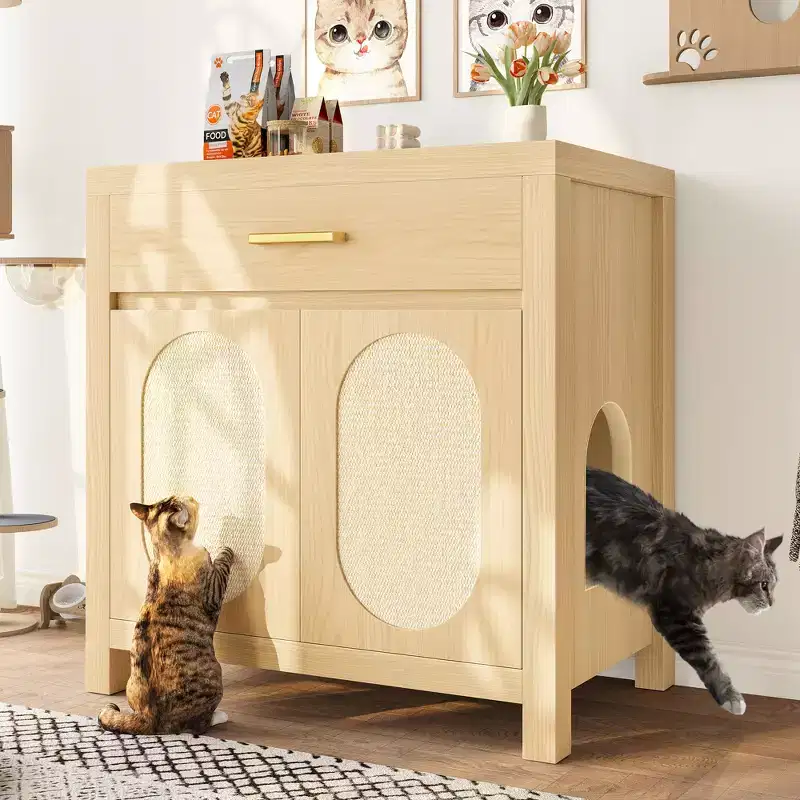 JVNOXK Hidden Cat Litter Box Enclosure with Scratching Board Door and Storage Drawer Wooden Bedside Cabinet with Natural Finish