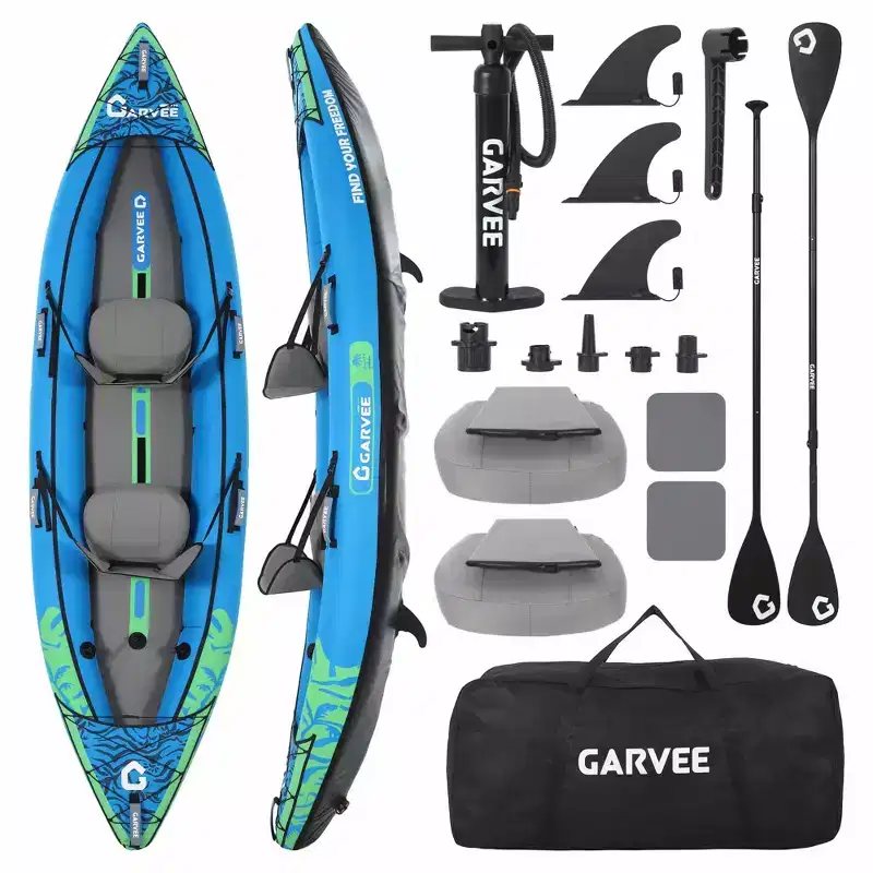 Inflatable Tandem Kayak for 2 Adults - 12.5FT, 450LB Capacity, 3 Removable Fins, Padded Seats, Portable for Outdoor Water Sports for 2 Person