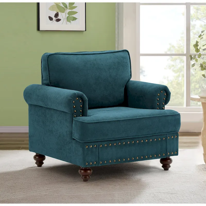 Lake Green Chenille Accent Sofa Chair with Nailhead Trim &ndash; Seats 1