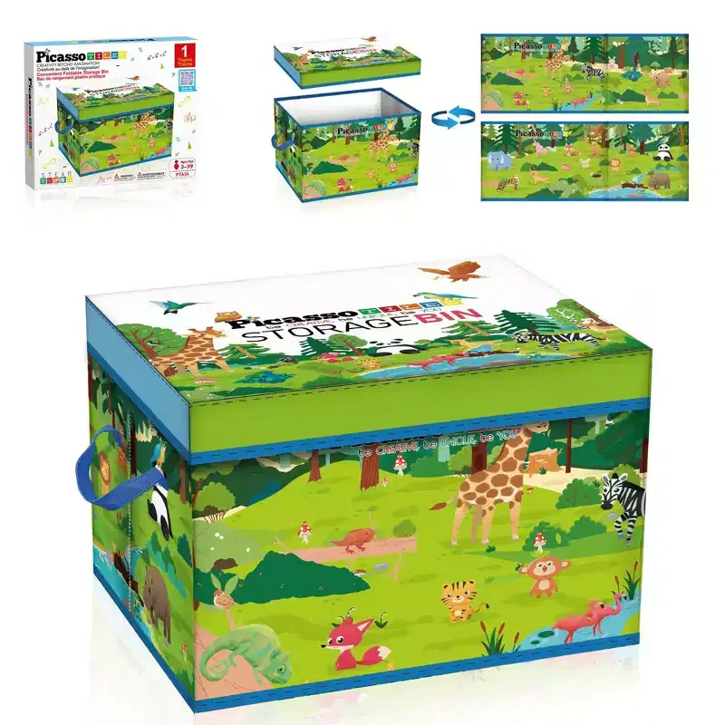 PICASSO-TILES Foldable Toy Storage Chest, Forest Animal Magnetic Tile Organizer Bin with Lid & Handles, STEM Educational Playroom Toy for Kids