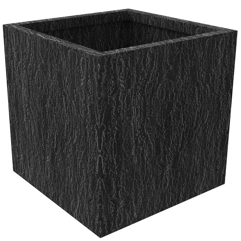 LeisureMod Verdura Square Dotted Fiberstone Planter - Modern Black Textured Garden Pot with Drainage for Indoor & Outdoor Use