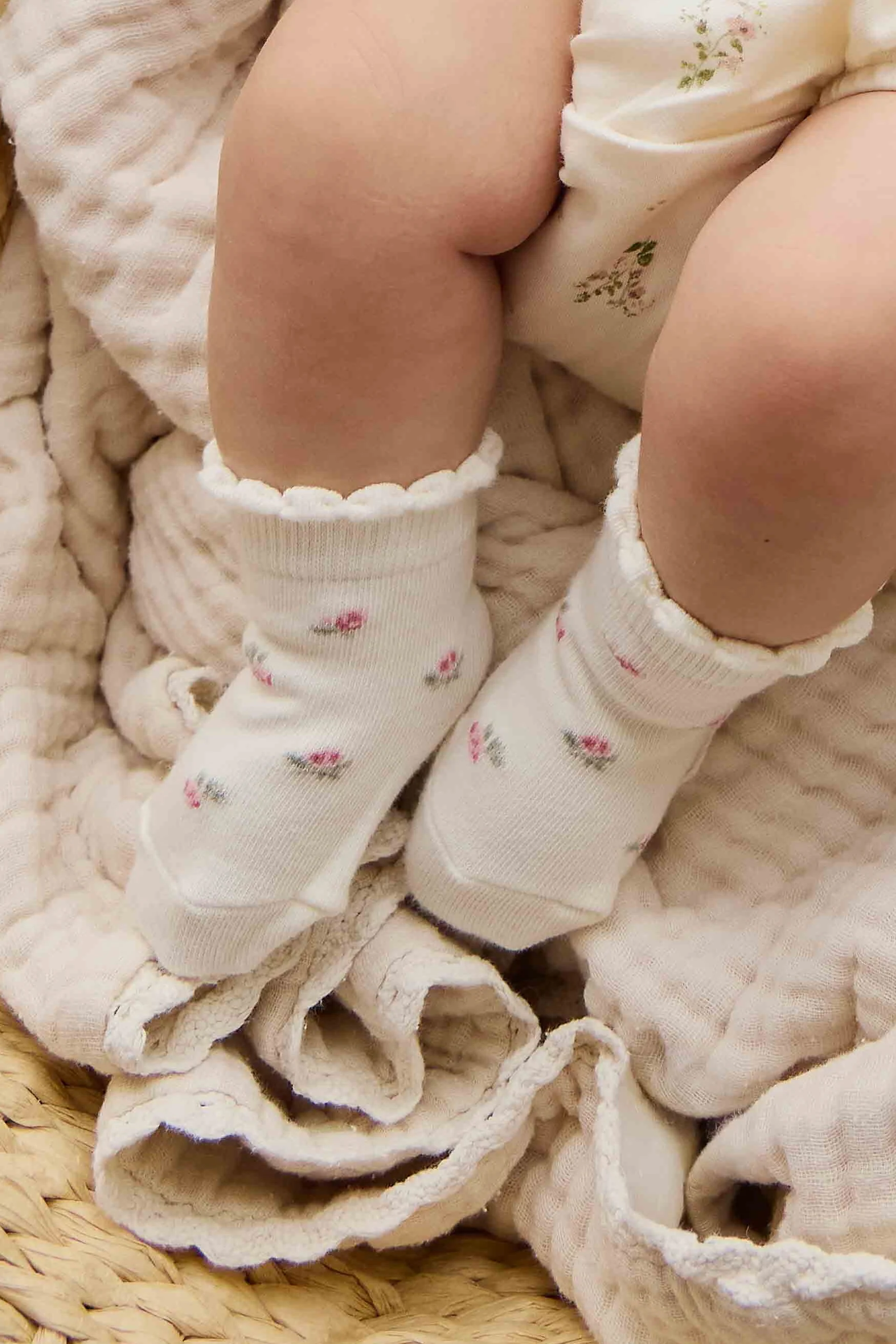 Sweet Floral Cream Cotton Socks with Embroidered Detail & Scalloped Cuff