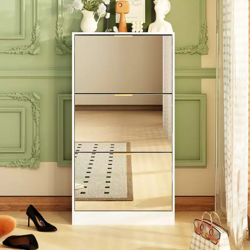 Famapy Shoe Cabinet White Mirror Design 3 Tier Flip Door Shoe Rack Cabinet Organizer