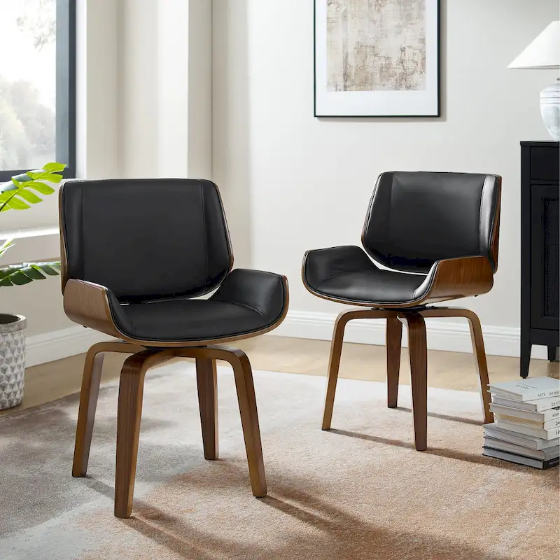Swivel Wooden Upholstered Dining Chairs Set of 2 &ndash; Faux Leather, Mid-Century