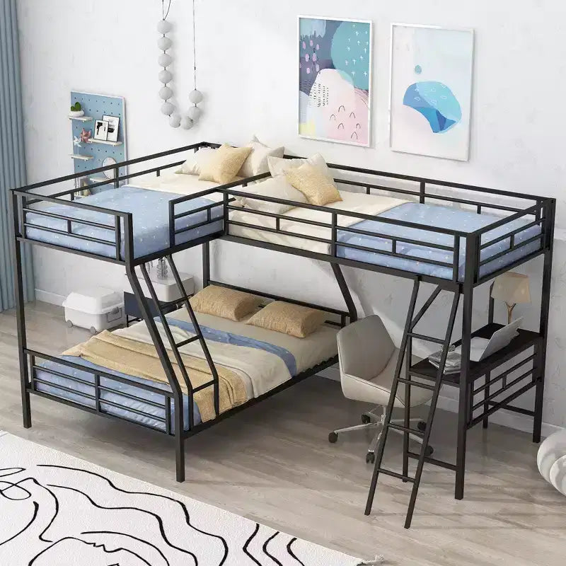 L-Shaped Metal Triple Bunk Bed with Desk for 3 Kids, Twin over Full, Black