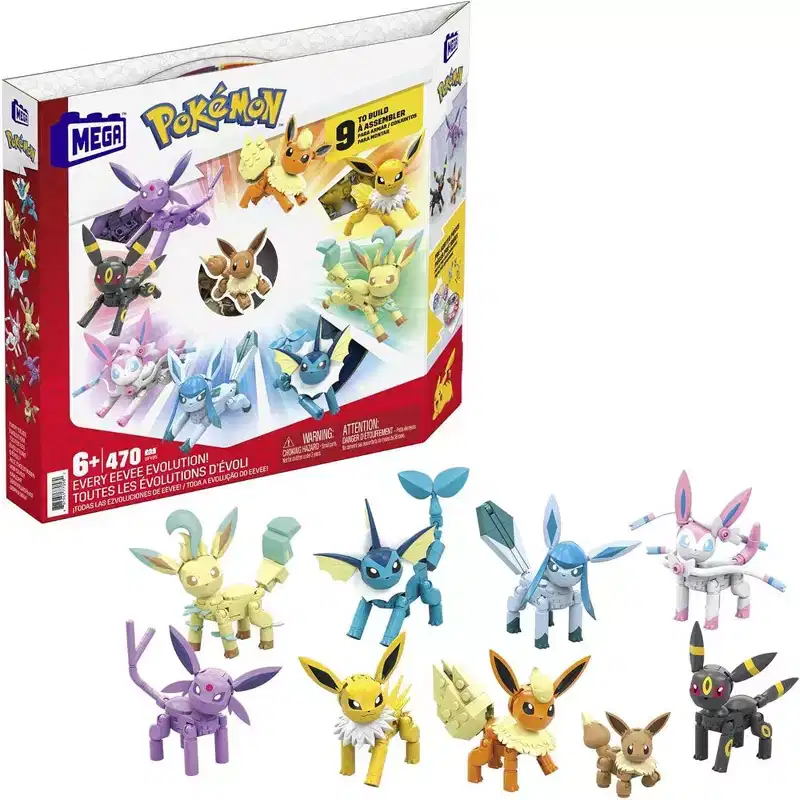 MEGA Pokemon Action Figure Building Toys for Kids, Every Eevee Evolution with 470 Pieces, 9 Characters,