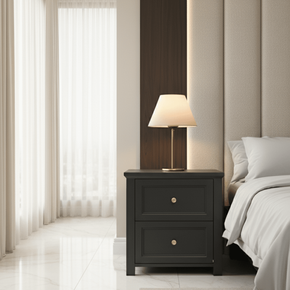 Black 2 Drawer Bedside Table with Gold Handles