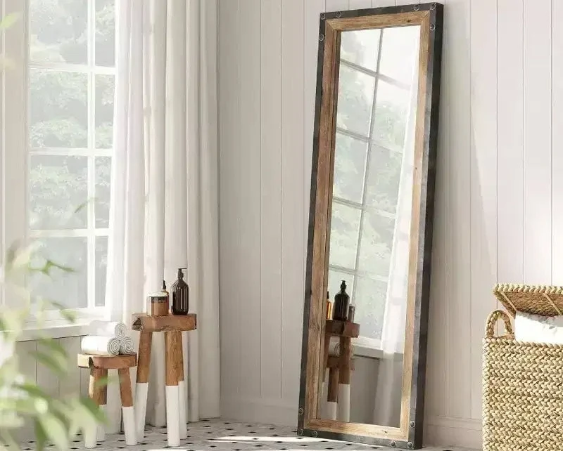 16x48 Leaner Floor Mirror Full Length Large Rustic Standing Leaning Hanging Wood and Metal Long Farmhouse Wall Mirror Brown