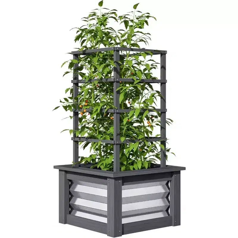 NAYSAYE Raised Garden Bed with Trellis, Wooden Planter Box with Steel Sides, Raised Flower Bed for Climbing Plants, Flowers and Vegetables