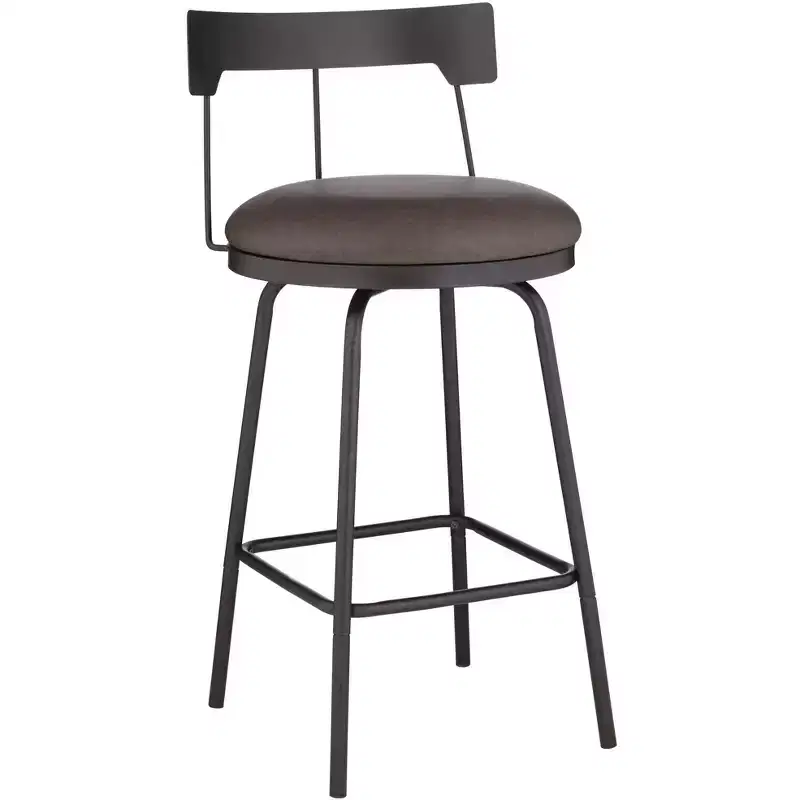 Metal Swivel Bar Stool Matte Black 26" High, Rustic Brown Leather Round Cushion with Low Backrest Footrest for Kitchen Counter Height