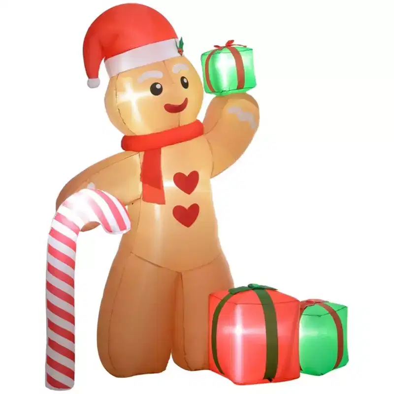 NAYSAYE 8FT Gingerbread Man Inflatable Christmas Decoration Holding Candy Cane and Gift Boxes Festive Holiday Yard Display, 74.8*37.8*94.5