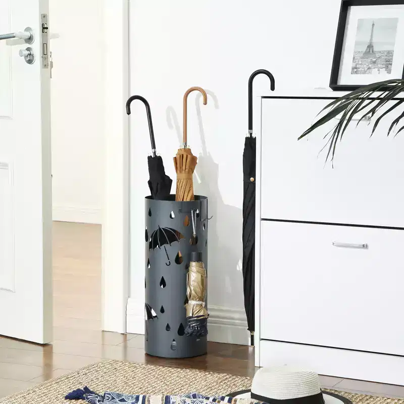 SONGMICS Umbrella Stand, Metal Umbrella Holder for Entryway, with Water Tray and 4 Hooks, 7.7 x 7.7 x 19.3 Inches, Round