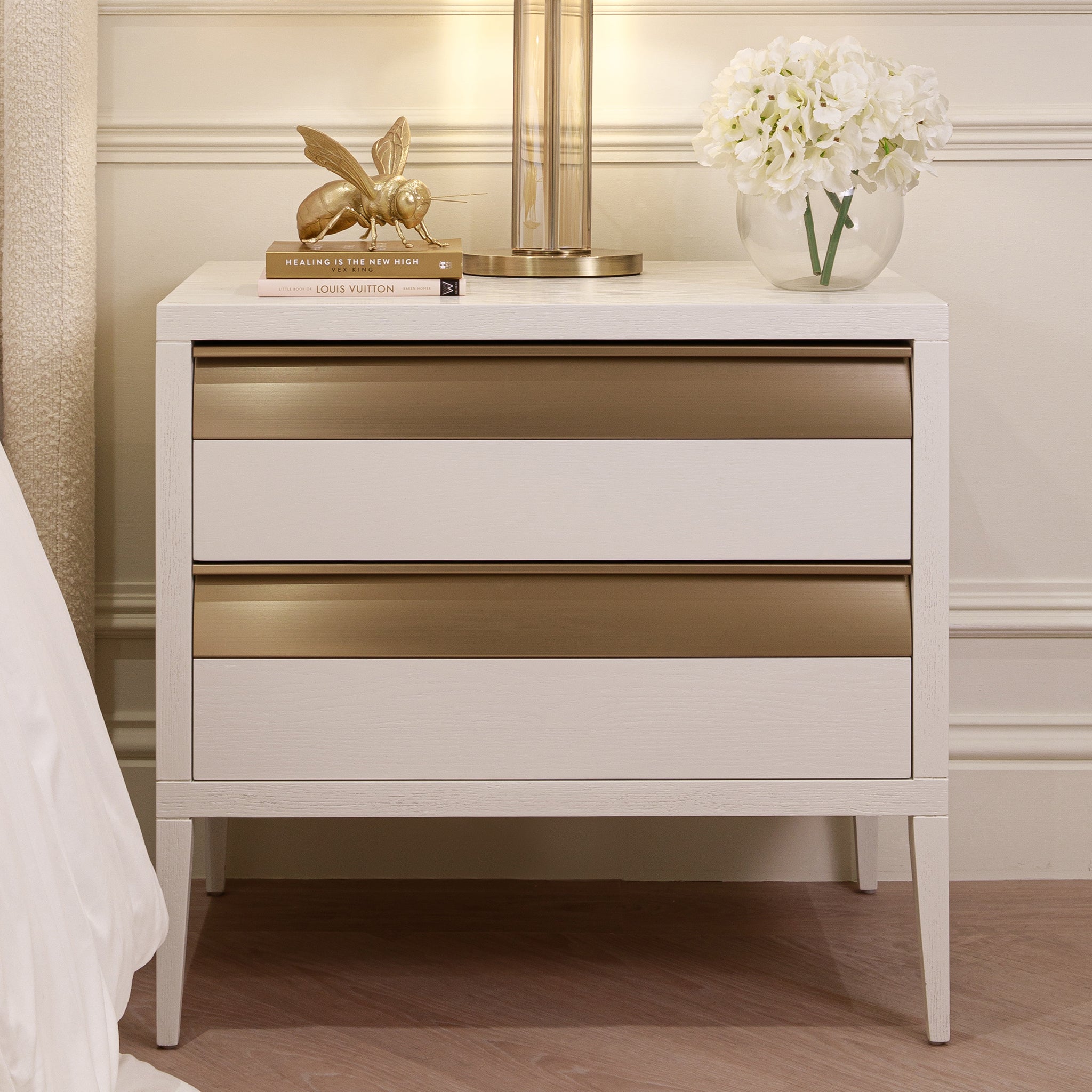 White & Bronze Large Bedside Table