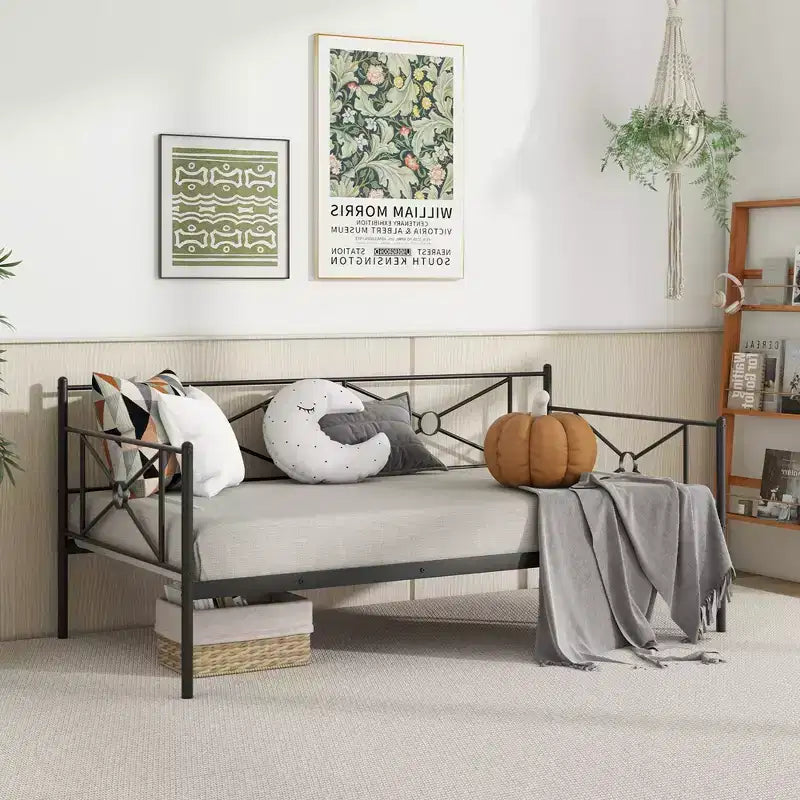 Twin Metal Daybed Frame with Slats, Classic Mattress Foundation Bed Sofa - White/Black