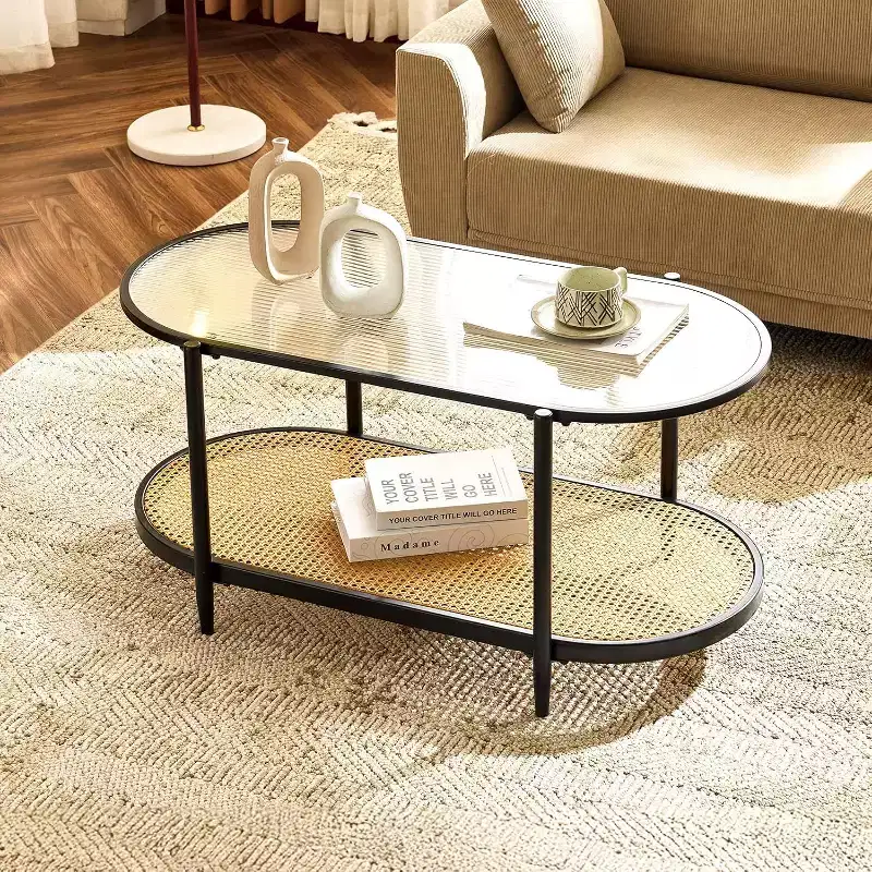 VINGLI 38 Oval Coffee Table with Rattan Shelf, Glass Metal Coffe Table, Skinny Coffee Tables with 2-Tier Storage, Modern Center Table