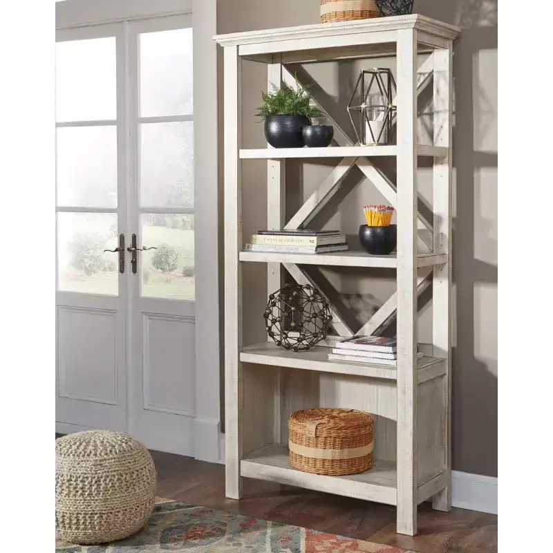 78" Tall Bookcase &ndash; 4 Shelves, Distressed Whitewash Finish, Modern Farmhouse