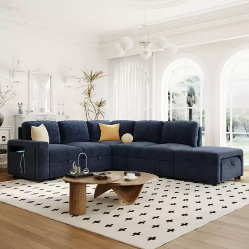 L-shaped Padded Modular Sofa with Storage Space, USB Ports, and Cup Holders on the Armrests, Suitable for Living Rooms, Offices, and Apartments.