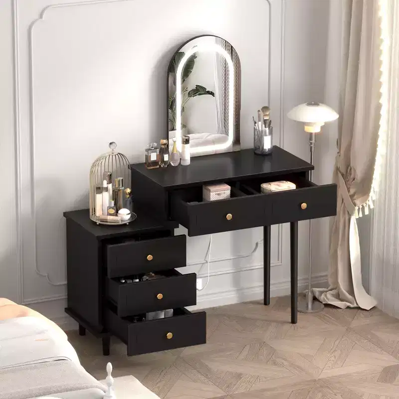 Makeup Vanity Desk with Lights and Mirror, Modern Dressing Table with 2 Drawers & 3-Drawer Cabinet, Adjustable LED Lighting Wood Vanity for Bedroom