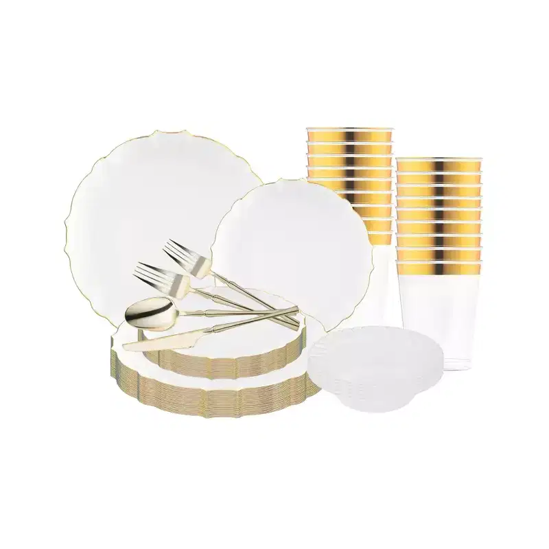 Smarty Had A Party Clear w/ Gold Rim Round Lotus Plastic Tableware Set - 60 Sets