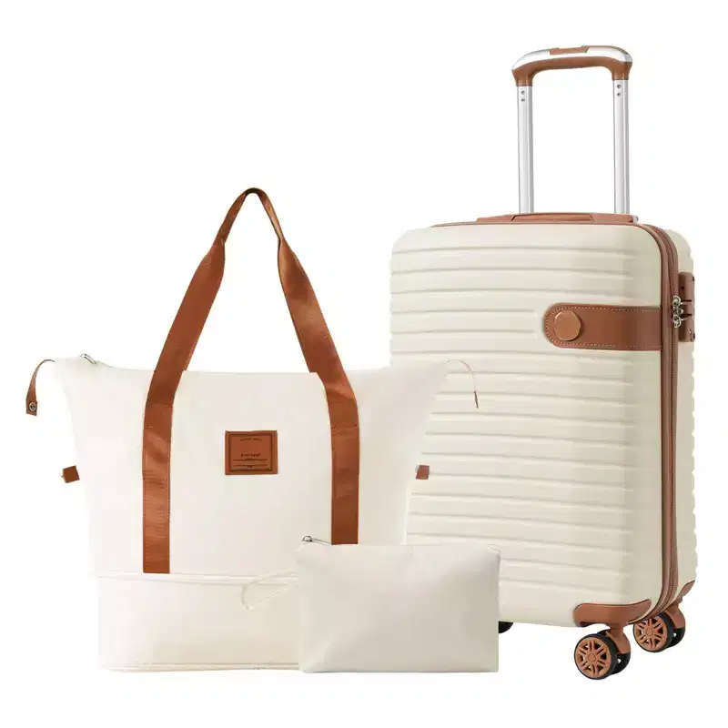 NAYSAYE Luggage 3 Piece Carry On Luggage Set with Wheels TSA Lock Expandable Travel Bags for Trips, Brown and White, 15*9*22