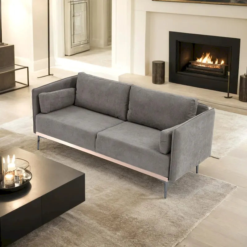 3-Seat Linen Sofa &ndash; Grey / Beige / Orange, Modern Minimalist, Metal Legs & Steel Trim, Seats 3
