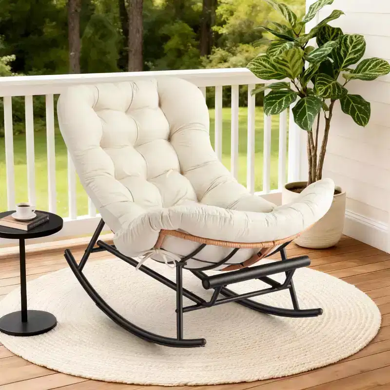 Papasan Rocking Chair with Thick Cushion, Metal Footrest & PE Rattan Frame &ndash; Indoor/Outdoor Lounge