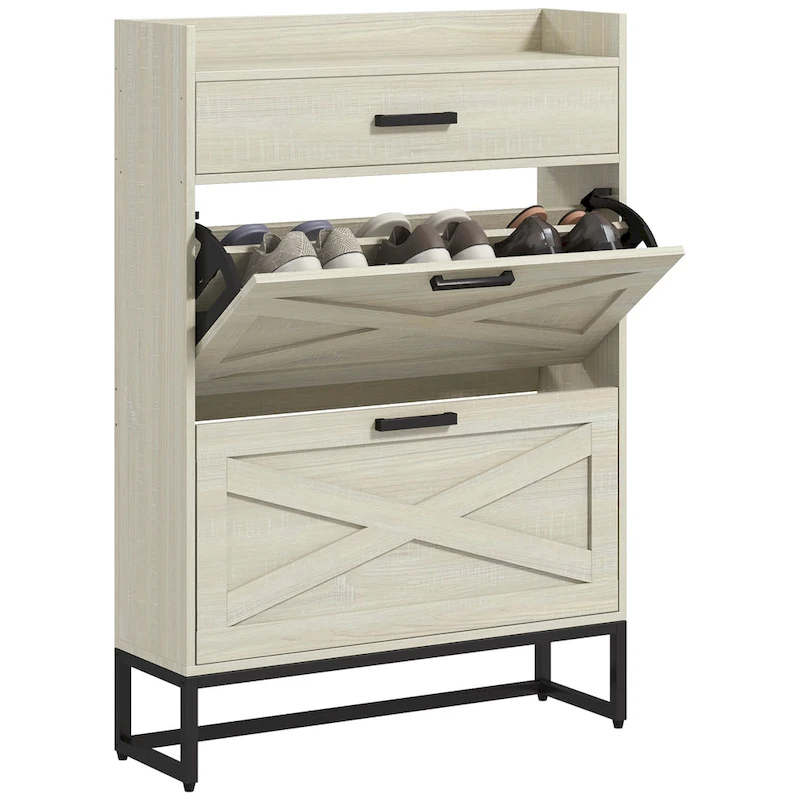 Narrow Shoe Cabinet, Industrial Shoe Storage Cabinet with 2 Flip Drawers, Adjustable Shelves, and Top Drawer