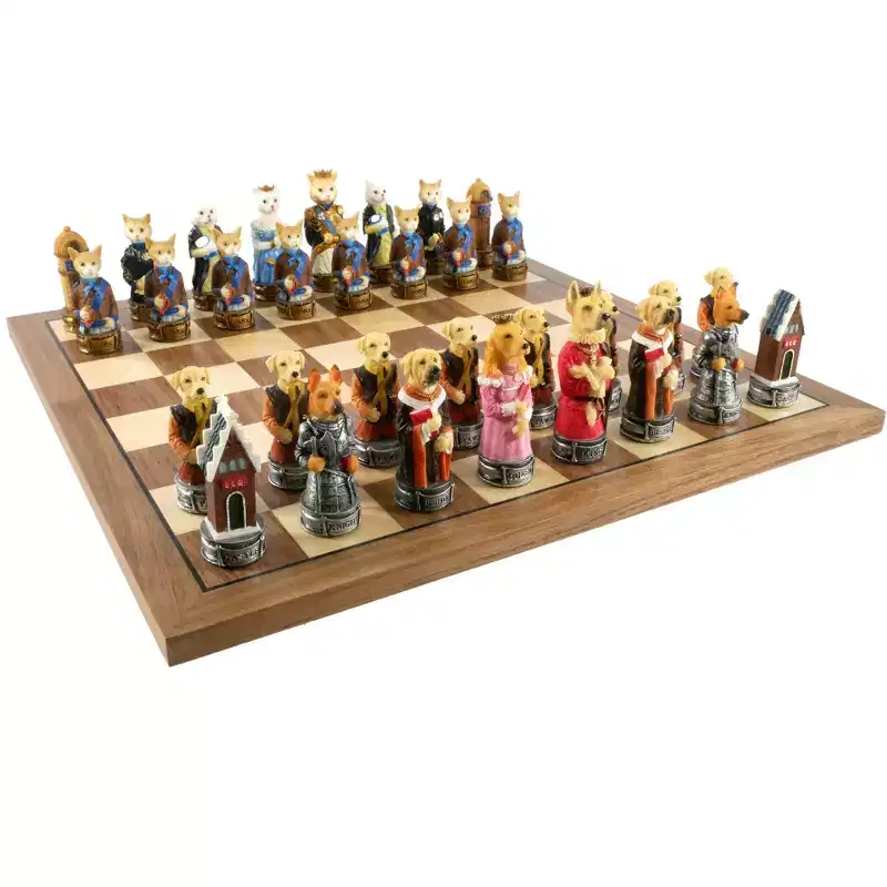 WorldWise Imports Chess Set - Cats & Dogs Resin Men on Walnut Maple Board
