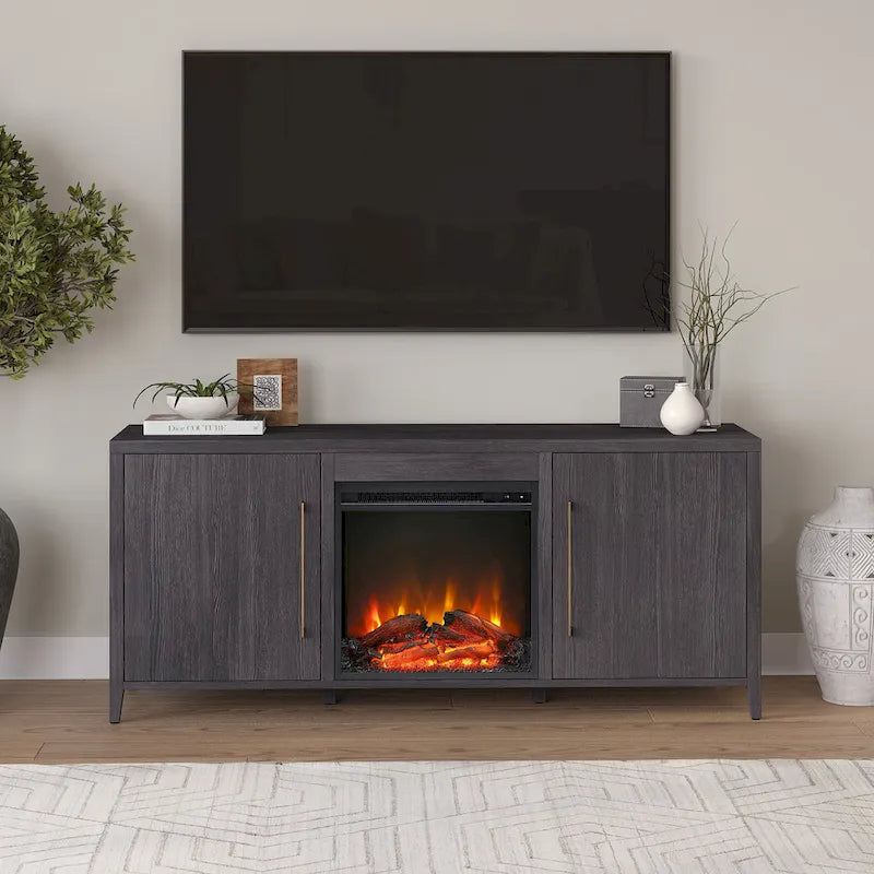 Rectangular TV Stand with Electric Fireplace &ndash; Black Grain / White / Charcoal Gray, Modern Style, Fits TVs up to 65 Inches