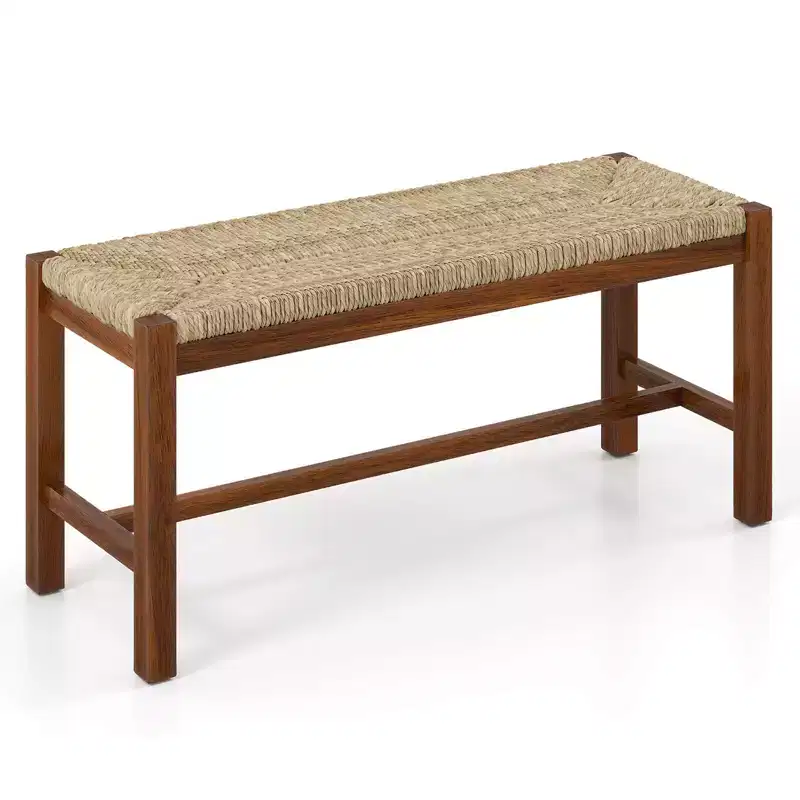 Costway 40 Long Wood Bench Indoor Dining Entryway End of Bed Bench Natural Seagrass Seat