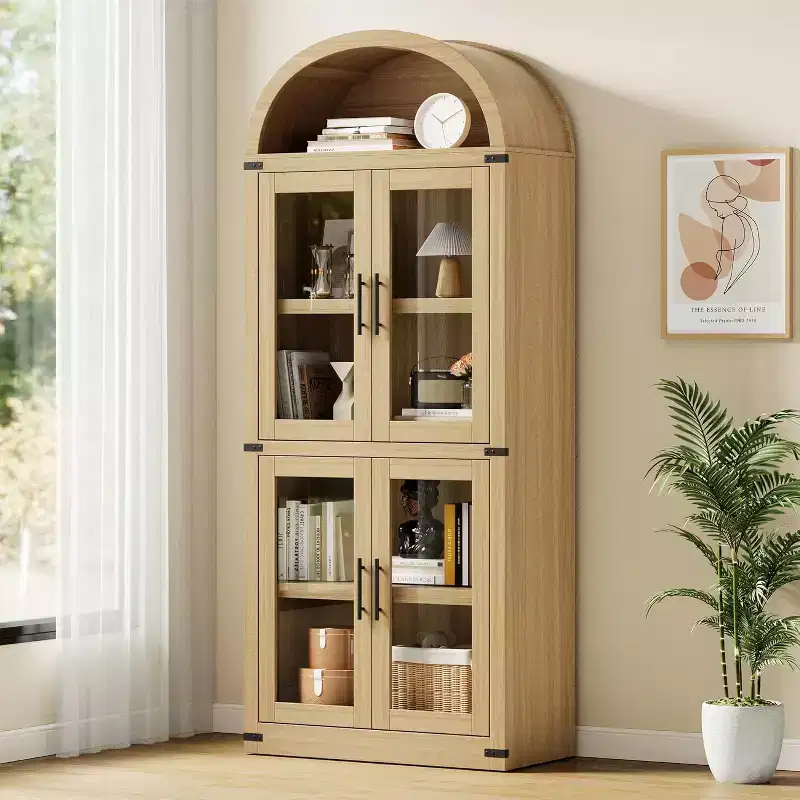 71.4" Tall Wooden Arched Bookshelf with Doors, Farmhouse Rounded Bookcases for Living Room, Kitchen, Office, Natural