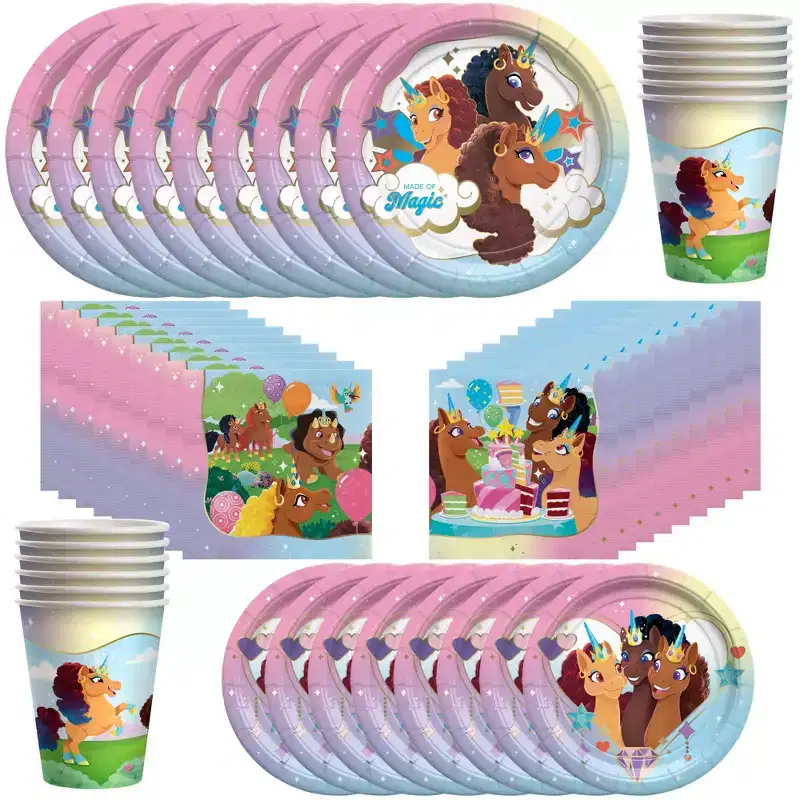 Treasures Gifted Afro Unicorn Birthday Party Supplies - Tableware Classic Set for 16 Guests - Plates, Cups & Napkins