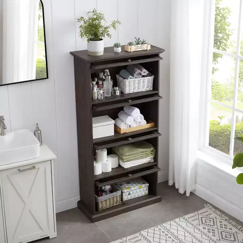 4 Tier Glass Display Cabinet Storage Curio Cabinet with Flip up Glass Doors, Collectors Showcase Toy Figure Organizers Rack, Bookcase for Living Room