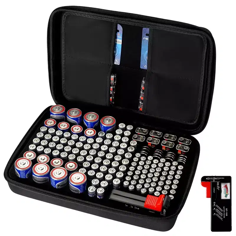 VEVOR Battery Organizer Storage Box, Battery Case Bag with Tester BT-168, Waterproof Batteries Organizer Storage Case with Zipper, Black (Box Only)