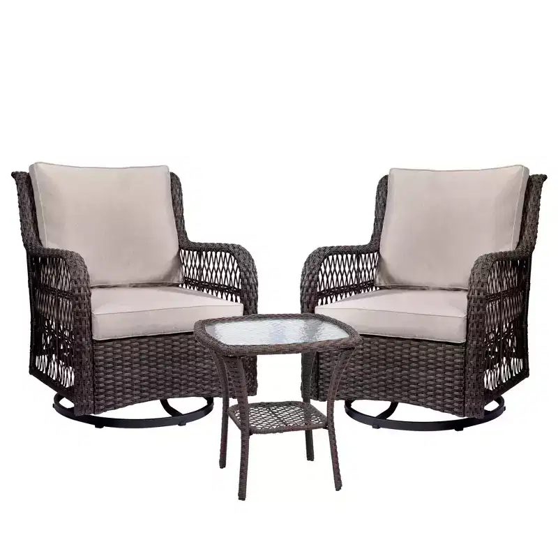 3-Piece Outdoor Wicker Patio Bistro Set with 360-Degree Swivel Rocking Chairs and Tempered Glass Side Table for Porch Garden