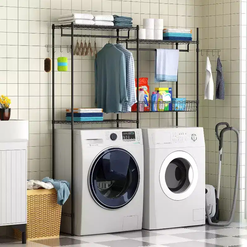 Over Washer and Dryer Storage Shelves, Height Adjustable Clothes Drying Rack, Laundry Room Shelves, 57.4 W Space Saving Shelving Units with Hooks