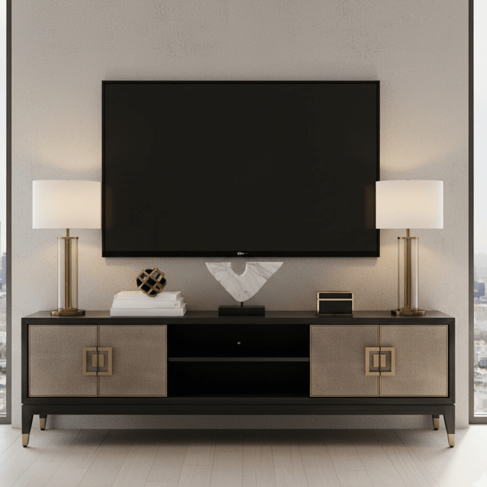 Black Wood & Shagreen 4 Door TV Unit with Brass Handles