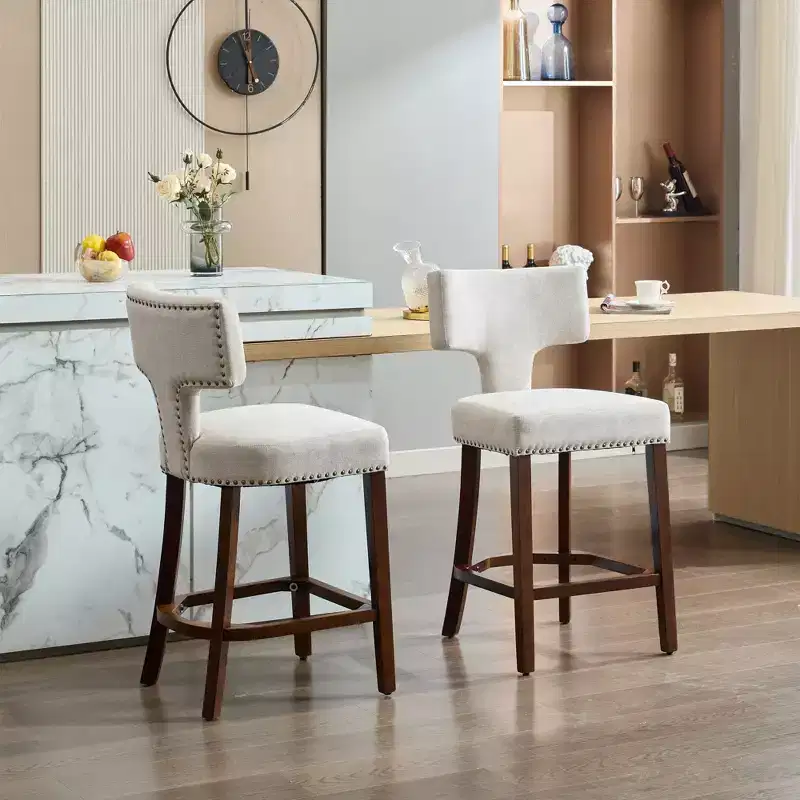 Counter-Height Bar Stools Set of 2, Farmhouse Linen Upholstered Chairs with Curved Back, Brass Studs, Hardwood FramesKitchen Seating