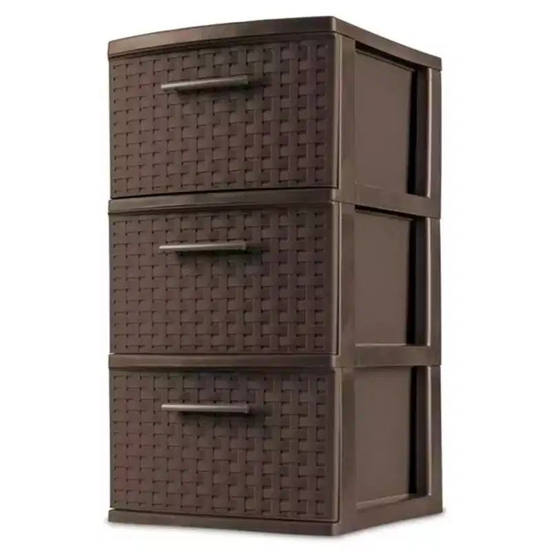 Sterilite 3 Drawer Storage Tower, Plastic Decorative Weave Drawers for Dorm, Closet, Bedroom, or Craft Room Organization, 2 Pack, Espresso